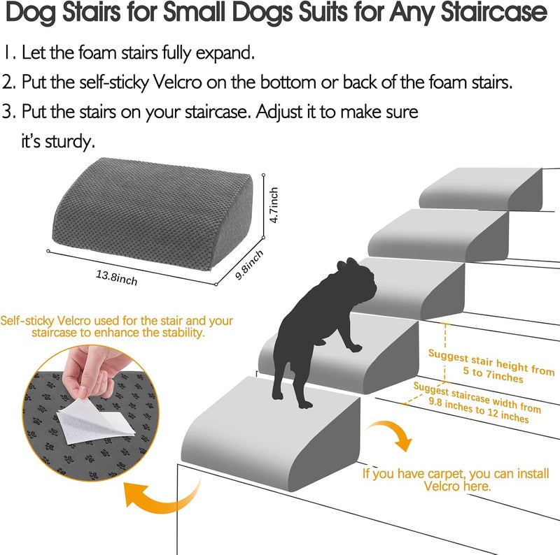INRLKIT 5 Pack 40D Density Foam Dog Ramp for Stairs Suits for Small Dogs Cats, Pet Steps Stairs for Staircase Stairs with Anti-Slip Bottom and Self-Sticky Pads to Fix Grey - Image 3